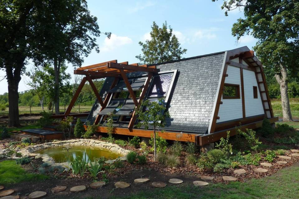 The Soleta zeroEnergy One, an eco-friendly modular house with an unusual gambrel roof design. It has 614 sq ft with a lofted bedroom. | www.facebook.com/SmallHouseBliss