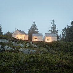 A trio of tiny cabins forms a seasonal vacation retreat in an old quarry. One cabin is the living/dining/kitchen pavilion, the other two are sleeping cabins. | www.facebook.com/SmallHouseBliss